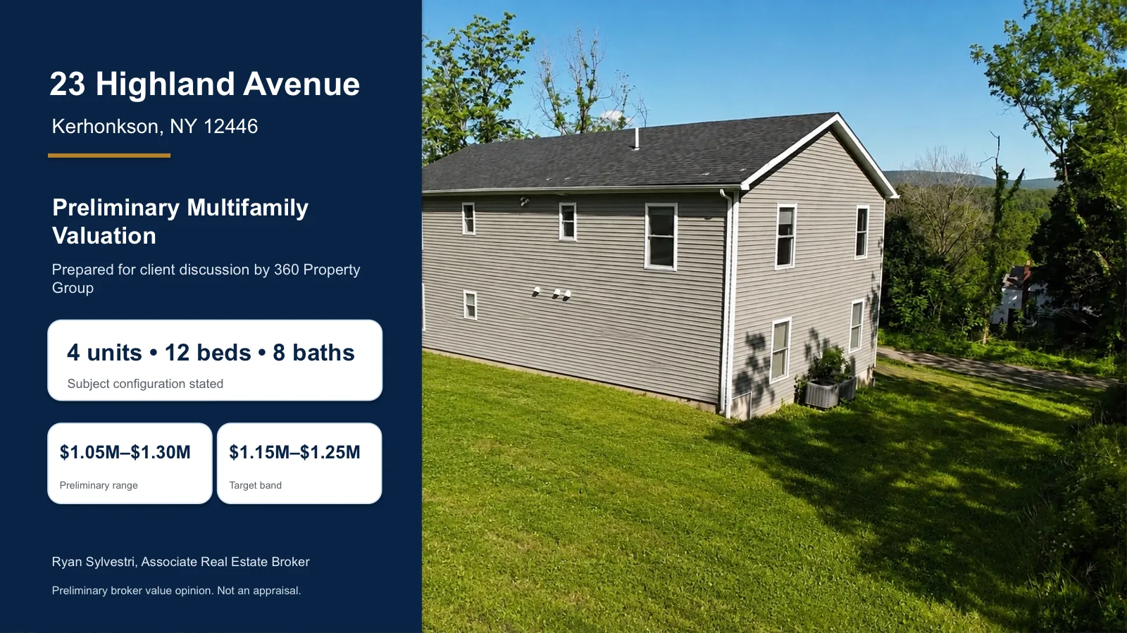 Cover preview of the 23 Highland Avenue preliminary multifamily valuation CMA